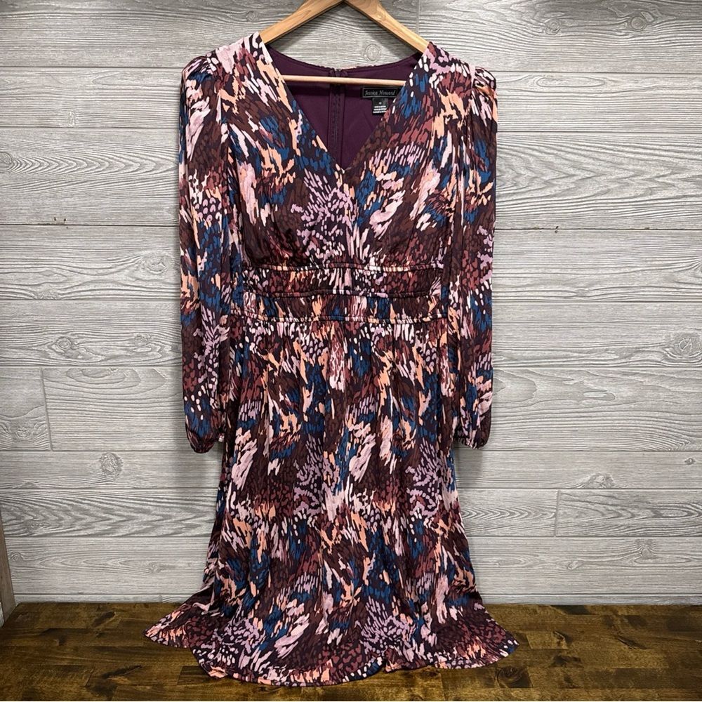 Jessica Howard Burgundy Multi-Print Long Sleeve Dress